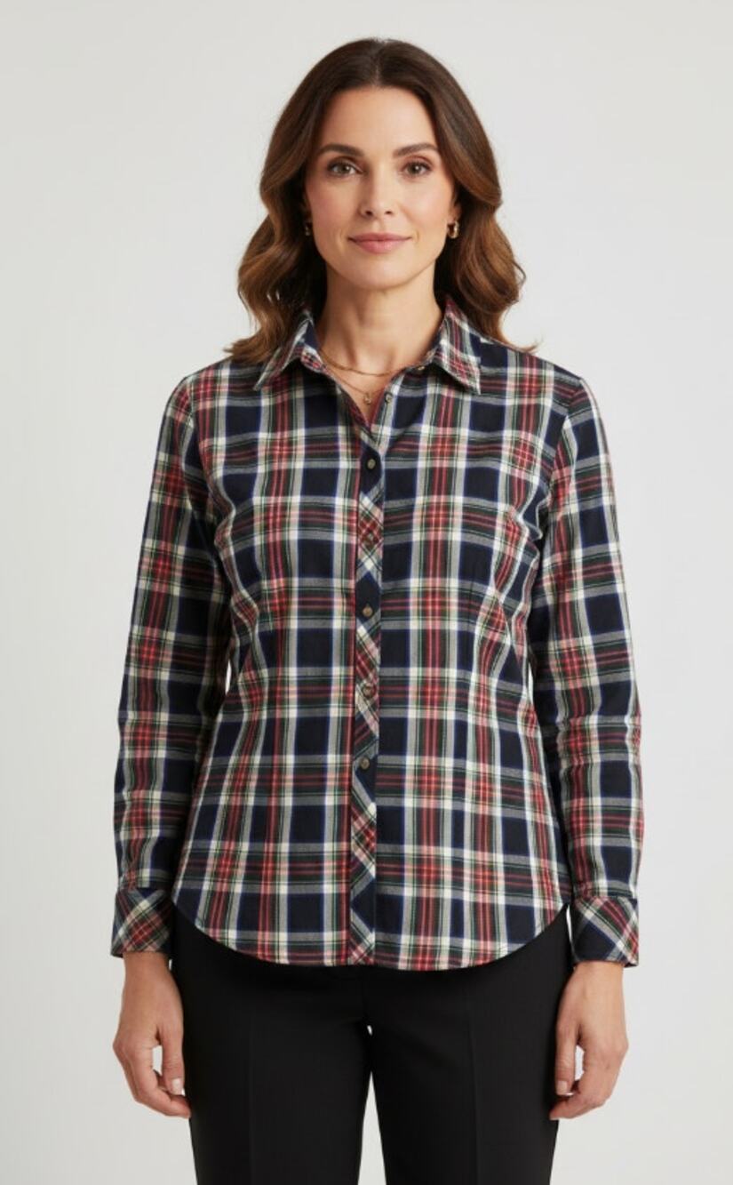 TALBOTS BLACK RED PLAID GOLD BUTTON UP COTTON BLEND BLOUSE WOMENS SIZE 10